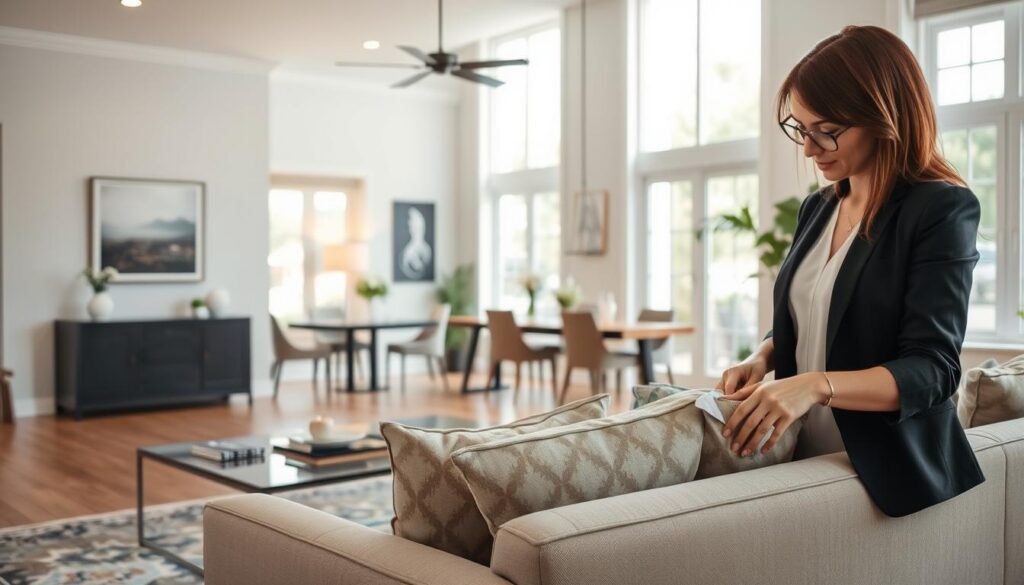 A modern, stylish living room during a home staging consultation. In the foreground, a professional home stager, a woman in smart casual attire, is thoughtfully arranging decorative cushions on a sleek sofa, showcasing an eye for detail. The middle ground features a well-lit, freshly painted room with tasteful artwork on the walls and a neutral color palette, creating an inviting atmosphere. In the background, large windows allow natural light to flood the space, illuminating a cozy dining area with a beautifully set table. The overall mood is calm and focused, emphasizing the importance of aesthetics in influencing buyer perception, captured with soft lighting and a slightly elevated angle to showcase the layout.
