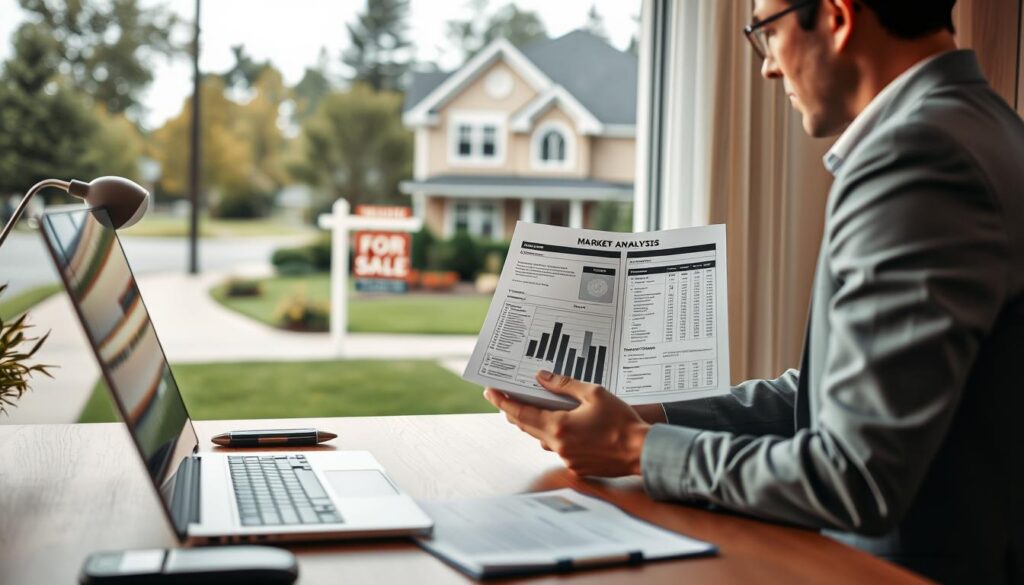 A polished home office setup with a sleek wooden desk at the forefront, where a professional wearing business attire examines a detailed market analysis report on pricing strategies. In the middle ground, an attractive home exterior with a "For Sale" sign highlighted, illustrating a beautiful yard with manicured landscaping. The background features a neighborhood street, suggesting a desirable area for potential buyers. Soft, warm lighting floods the scene, creating an inviting atmosphere, with a slight focus blur on the home in the distance to emphasize the office work. The mood conveys professionalism and strategic planning, while inviting viewers to consider the complexities of setting the right price for selling a home.