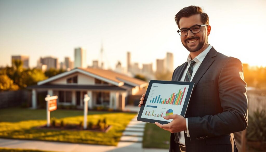 A professional real estate expert in business attire stands confidently in the foreground, holding a digital tablet displaying colorful graphs and charts. In the middle ground, a stylish, modern home is visible, with "For Sale" signs and a well-groomed lawn. Behind the home, a vibrant city skyline reflects a sunny day, emphasizing growth and opportunity. The scene captures a sense of optimism and professionalism, with warm natural lighting creating an inviting atmosphere. Use a slight depth of field to keep the focus on the expert and the tablet while subtly blurring the background. The overall mood is informative and motivational, showcasing the importance of understanding market trends before selling a home.