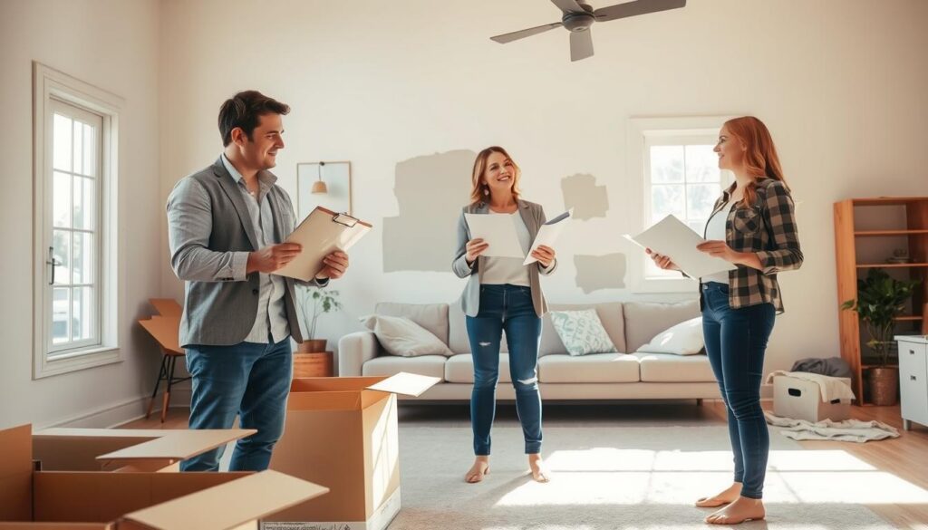 A well-lit, cozy living room undergoing preparation for sale, with a focus on a homeowner in professional attire assessing critical repairs. In the foreground, a male and female homeowner, both in business casual clothing, are discussing renovation plans while holding a clipboard and paint samples. In the middle ground, partially unpacked boxes reveal stylish decor, and an open wall showing patched areas needing paint. The background features a sunny window with light streaming in, highlighting the room's spaciousness. The atmosphere is lively and purposeful, suggesting excitement for the improvements. Use bright, warm lighting to create an inviting, welcoming mood, shot from a slightly low angle to emphasize the homeowners' engagement and the home’s potential.