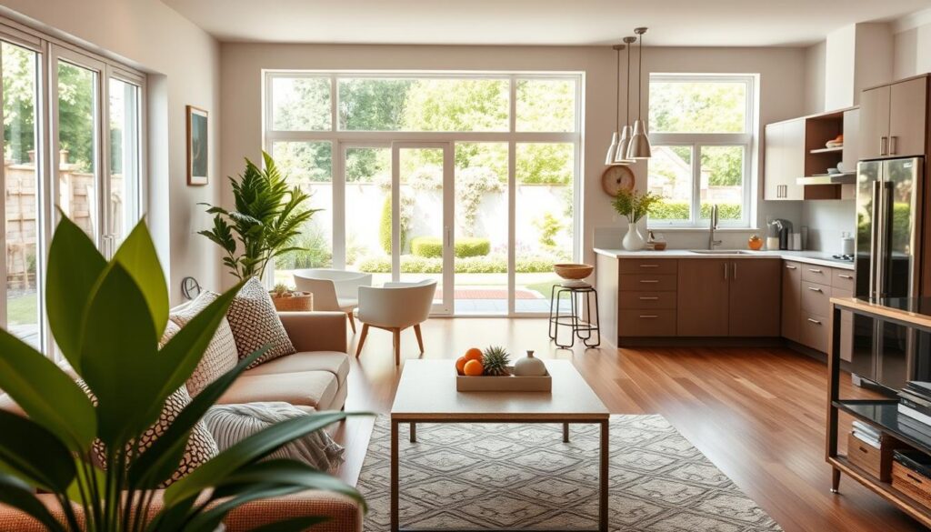 A beautifully staged move-in ready home, showcasing a welcoming living room with modern furniture—sofa with textured cushions and a stylish coffee table. In the foreground, a cheerful indoor plant adds life. The middle ground features an open kitchen with sleek countertops, stainless steel appliances, and tasteful decor. Large windows bathe the entire space in warm, natural light, enhancing the cozy atmosphere. In the background, a well-maintained garden is visible through the glass doors, providing a serene view of green foliage and colorful flowers. The overall mood is inviting and aspirational, exuding a sense of comfort and readiness for new memories. Use a warm color palette and ensure the scene is captured with a soft focus lens, enhancing the homey feel.