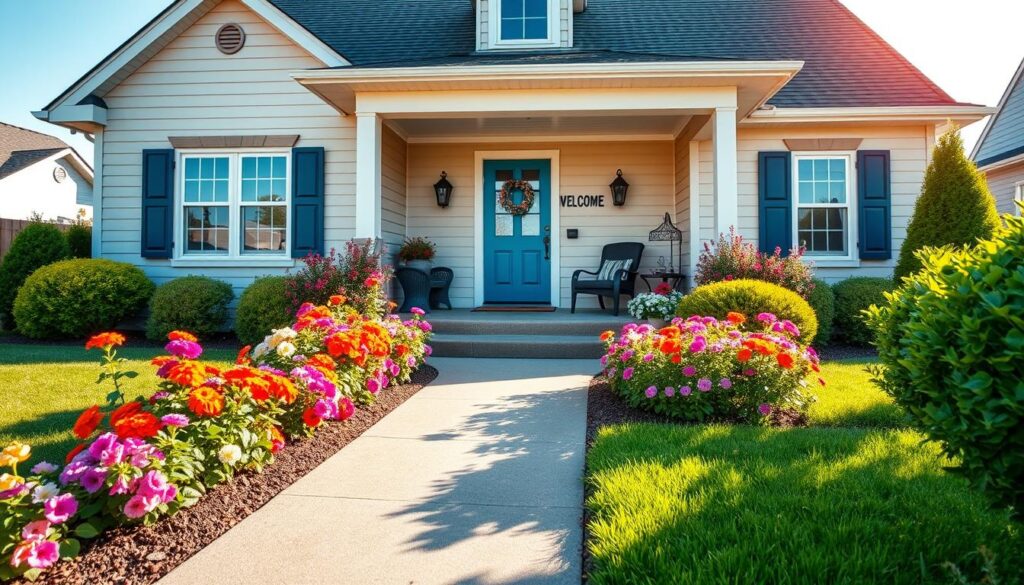 A charming suburban home with enhanced curb appeal, featuring a freshly painted front door in a welcoming shade of blue. In the foreground, vibrant flower beds brimming with colorful blooms frame the walkway, leading up to the entrance. Soft landscaping includes well-manicured shrubs and a neatly trimmed lawn. In the middle, a stylish porch adorned with tasteful outdoor furniture invites relaxation. The background showcases a clear, sunny sky casting warm, natural light over the scene, highlighting the lush greenery and the inviting atmosphere. The angle captures the home slightly from the driveway, emphasizing the appealing façade and inviting first impression. The mood is cheerful and welcoming, reflecting a perfect blend of comfort and attractiveness for potential buyers.
